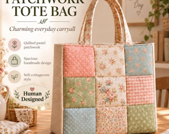 May include: A quilted patchwork tote bag featuring a grid of nine squares with various pastel floral, polka dot, and gingham patterns. The bag has two matching fabric handles and a solid light beige side panel, constructed with visible stitching.