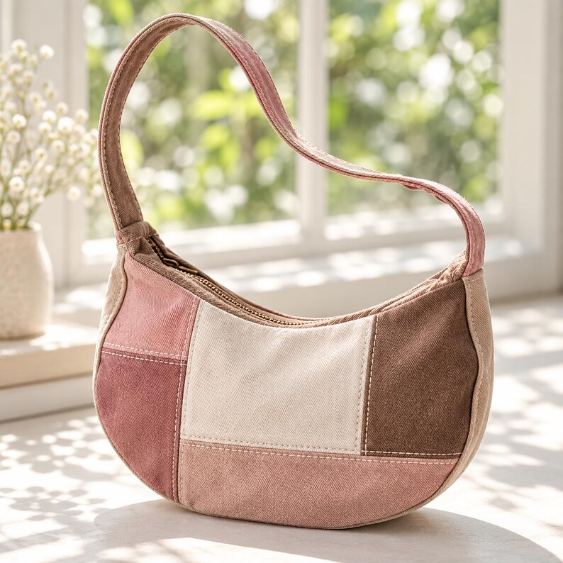 May include: A crescent-shaped shoulder bag constructed from patchwork panels in shades of dusty rose, cream, and dark brown. The bag features a single arched handle, a top zipper closure, and visible white stitching along the seams.