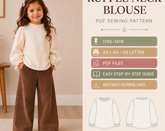 May include: A digital sewing pattern for a Ruffle Neck Blouse, featuring text and diagrams for sizes 1yr-14yr. The pattern includes PDF files for A0, A4, and US Letter formats, an easy step-by-step guide, and instant download options for this garment.