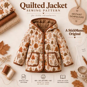 May include: A quilted jacket sewing pattern for little adventurers by StichMusee. The jacket is cream-colored with a brown tree print, a hood, brown trim, and two front pockets. Includes text: Quilted Jacket, Instant Download, A StichMusee Original.