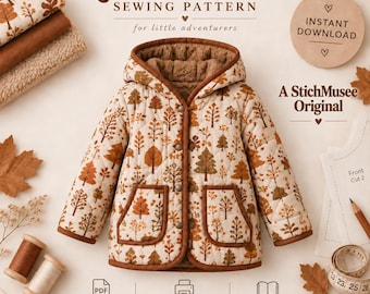 May include: A quilted jacket sewing pattern for little adventurers by StichMusee. The jacket is cream-colored with a brown tree print, a hood, brown trim, and two front pockets. Includes text: Quilted Jacket, Instant Download, A StichMusee Original.