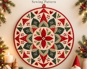 Christmas Wall Hanging Quilt Pattern PDF, Round Poinsettia Mandala, Round Floral Appliqué Wall Hanging, Beginner Sewing Project