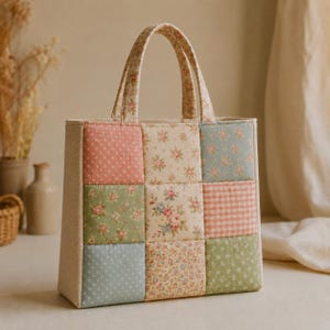 May include: A rectangular tote bag constructed from quilted fabric patches in a grid pattern. The design features various floral prints, polka dots, and gingham checks in soft pastel shades of pink, green, blue, and cream with two matching handles.