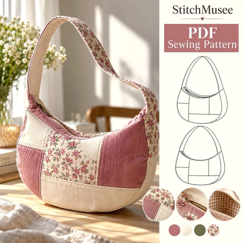 May include: A crescent-shaped shoulder bag made of patchwork fabric in shades of dusty rose, cream, and a floral print. The bag features a single strap, a zippered top closure, and a brown and white gingham interior lining.