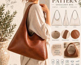 May include: A brown shoulder bag sewing pattern featuring diagrams of the front, side, and back views. Includes close-up images of an inside pocket, a strong strap, and a clean finish. Text includes SEWING PATTERN SHOULDER BAG and 3 SIZES INCLUDED.