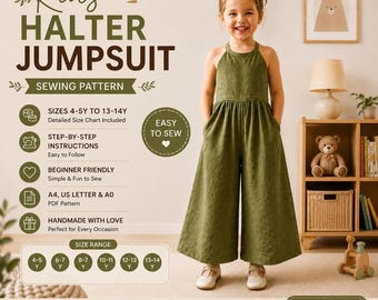 May include: A digital sewing pattern for a kids halter jumpsuit in olive green. The text reads Kids Halter Jumpsuit Sewing Pattern, sizes 4-5Y to 13-14Y, step-by-step instructions, beginner friendly, A4, US Letter & A0 PDF pattern, and size range.