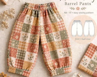 Kids Barrel Pants Sewing Pattern, Elastic Waist, Side Pockets (3M–6/7Y)