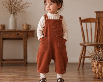 May include: A rust-colored corduroy overall with a chest pocket and two large front pockets, worn over a cream-colored long-sleeved shirt with a ruffled collar and matching cream leggings, paired with dark brown leather T-strap shoes.