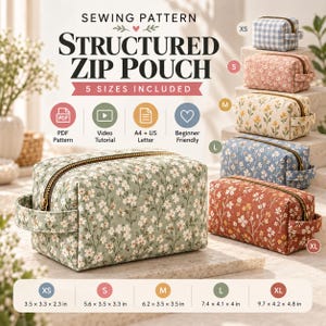 May include: A sewing pattern for a structured zip pouch in five sizes. The image displays a sage green floral pouch with a brass zipper and side handle, alongside four smaller pouches in blue gingham, pink floral, cream floral, and rust floral prints.