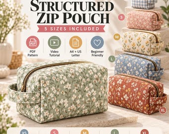 May include: A sewing pattern for a structured zip pouch in five sizes. The image displays a sage green floral pouch with a brass zipper and side handle, alongside four smaller pouches in blue gingham, pink floral, cream floral, and rust floral prints.