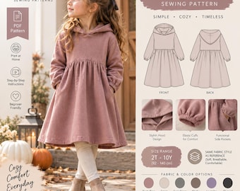 May include: A dusty rose hooded midi dress sewing pattern by LuxeNest. The design features a hood, long sleeves with elastic cuffs, and side pockets. The PDF pattern includes a size range from 2T to 10Y, with visual front and back sketches, and six fabric color options including dusty rose, cream, sage green, mocha, lavender, and charcoal.