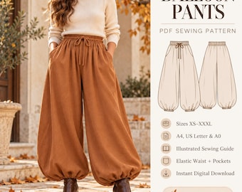 Wide Leg Loose Linen Trousers Sewing Pattern, Plus Size Women Balloon Pants  (PDF)