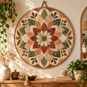 Puede incluir: Un tapiz circular acolchado con un patrón de mandala simétrico compuesto por hojas y pétalos de tela en tonos verde salvia, terracota, crema y óxido. La pieza de arte textil presenta costuras detalladas y cuelga de un gancho.
