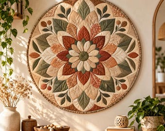 May include: A circular quilted wall hanging featuring a symmetrical mandala pattern composed of fabric leaves and petals in shades of sage green, terracotta, cream, and rust. The textile art is stitched with intricate detail and hangs from a hook.