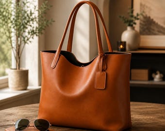 May include: A large, smooth, cognac-colored tote bag with two tall shoulder straps and a small rectangular luggage tag attached to one handle. Beside the bag sits a matching cognac-colored notebook with a pair of aviator sunglasses resting on top.