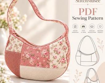 May include: A crescent-shaped shoulder bag featuring a patchwork design of pink floral fabric, solid pink corduroy, and cream-colored linen. The image includes text reading StitchMusee PDF Sewing Pattern with icons and line drawings.
