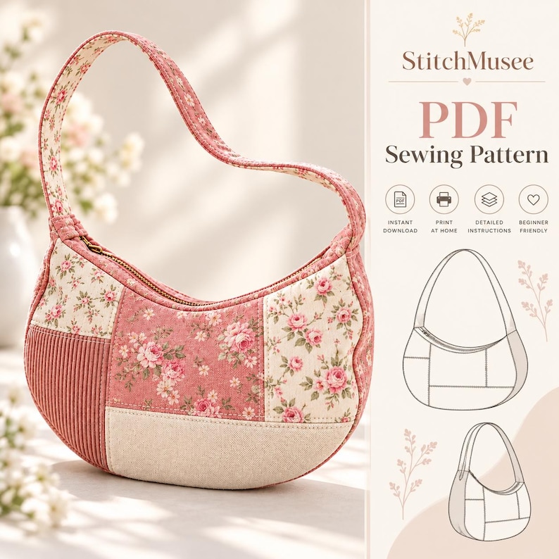 May include: A crescent-shaped shoulder bag featuring a patchwork design of pink floral fabric, solid pink corduroy, and cream-colored linen. The image includes text reading StitchMusee PDF Sewing Pattern with icons and line drawings.