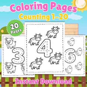 May include: A set of printable coloring pages featuring numbers 1-20 with farm animal illustrations. The pages display black and white line art of pigs, cows, and chicks alongside large numbers for counting practice, labeled as 20 Pages Instant Download.