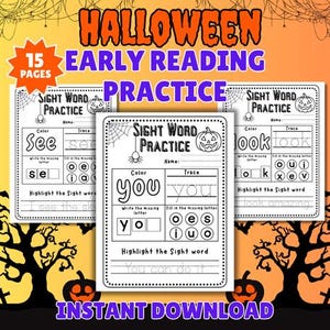 Può includere: Un set di 15 schede didattiche di lettura per principianti a tema Halloween, con pagine di attività in bianco e nero che includono esercizi di parole comuni, colorazione, tracciamento e identificazione di lettere con icone di zucche.
