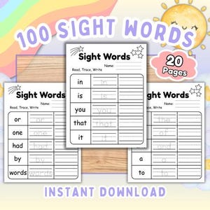 Puede incluir: Un conjunto de 20 hojas de trabajo educativas tituladas 100 Sight Words. Cada página presenta una tabla con columnas para leer, trazar y escribir palabras específicas como in, is, you, that, it, or, one, had, by, words, the, of, and, a, to.