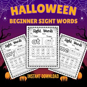 Può includere: Tre schede didattiche in bianco e nero per bambini con grafiche a tema Halloween. Ogni pagina include il titolo Sight Words, uno spazio per il nome ed esercizi per colorare, tracciare e identificare le parole my, at e me.