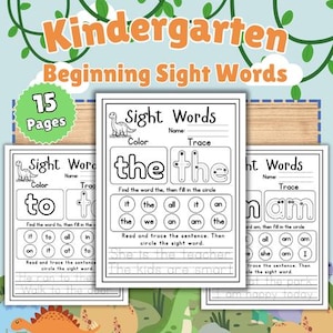 Può includere: Un set di 15 schede didattiche intitolate Kindergarten Beginning Sight Words. Ogni pagina presenta un'illustrazione di dinosauro, una riga per il nome e attività per colorare, tracciare e identificare parole all'interno di cerchi.