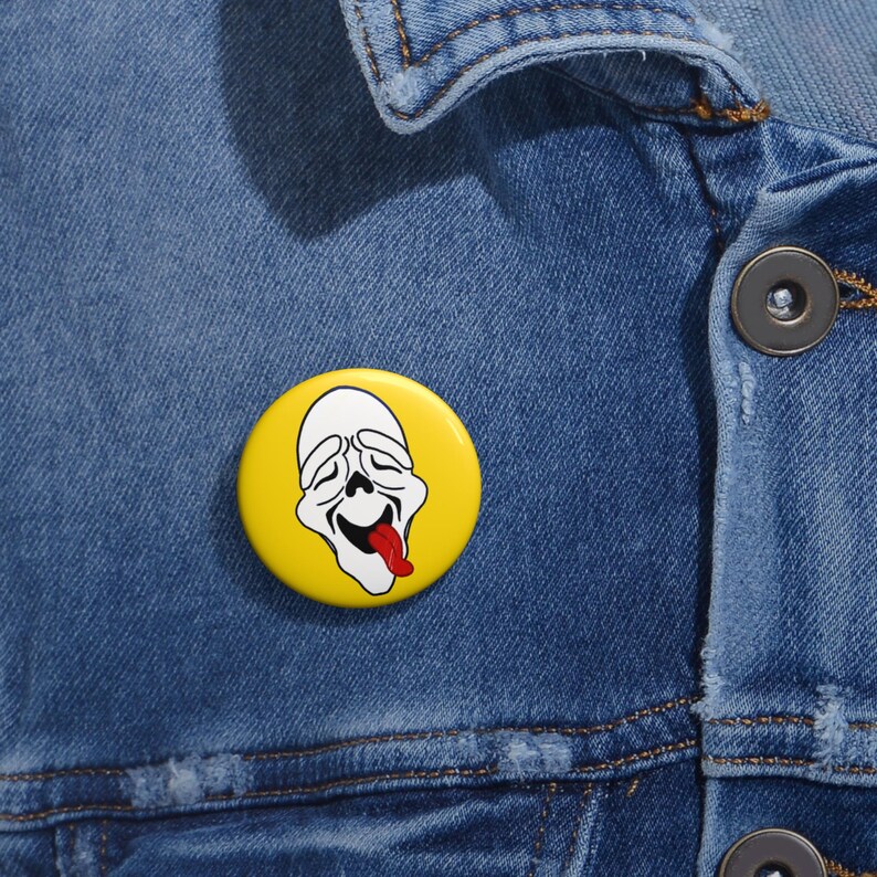 Zooted Ghost Face Full Pin, High Ghostface Button, Funny Stoner Horror Pin, Bloodshot Eyes Badge, Yellow Background Meme Pin image 2