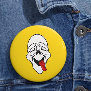 Zooted Ghost Face Full Pin, High Ghostface Button, Funny Stoner Horror Pin, Bloodshot Eyes Badge, Yellow Background Meme Pin image 6