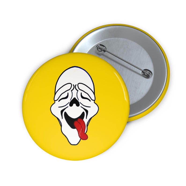 Zooted Ghost Face Full Pin, High Ghostface Button, Funny Stoner Horror Pin, Bloodshot Eyes Badge, Yellow Background Meme Pin image 3