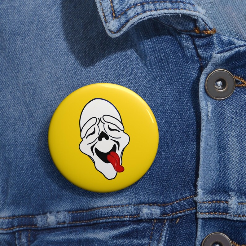 Zooted Ghost Face Full Pin, High Ghostface Button, Funny Stoner Horror Pin, Bloodshot Eyes Badge, Yellow Background Meme Pin image 4