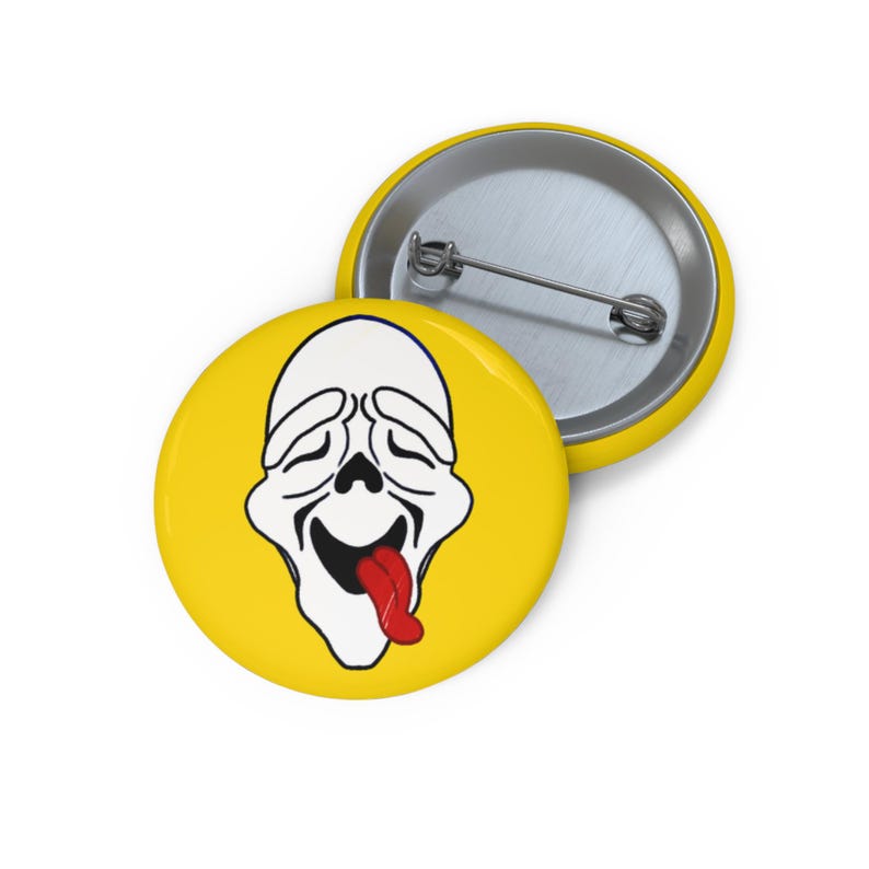 Zooted Ghost Face Full Pin, High Ghostface Button, Funny Stoner Horror Pin, Bloodshot Eyes Badge, Yellow Background Meme Pin image 1
