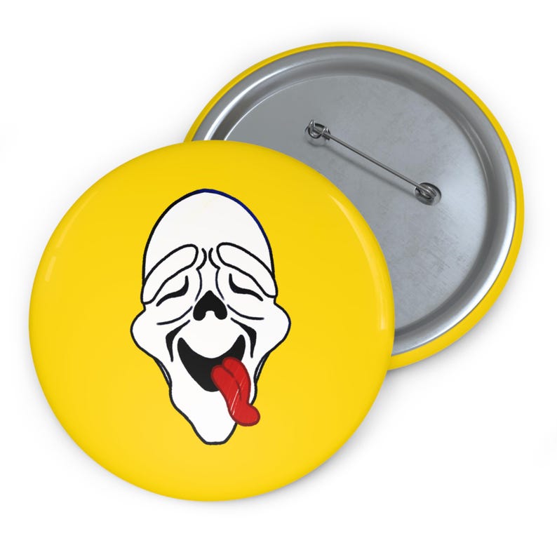 Zooted Ghost Face Full Pin, High Ghostface Button, Funny Stoner Horror Pin, Bloodshot Eyes Badge, Yellow Background Meme Pin image 5