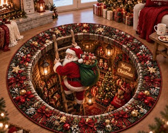クリスマスサンタ錯視ラグ、丸型サンタフロアマット、ホリデー錯視カーペット、クリスマスフロアデコレーション、冬のホームラグ