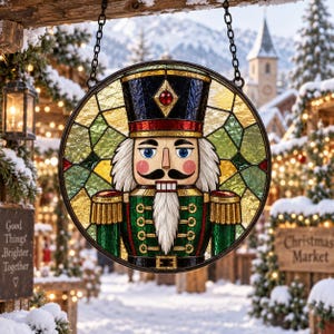 May include: A circular stained glass suncatcher featuring a nutcracker with a black hat, red and gold accents, a green uniform, and white hair. The nutcracker is centered within a geometric frame of green and yellow glass panels.
