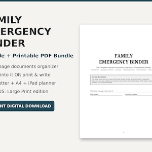 緊急時用バインダー（印刷可能＋記入可能なPDF）｜家族向け緊急時プランナー、重要書類整理帳、万が一用バインダー＋大きな文字