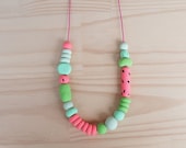 SALE Polymer Clay Necklace, Handmade and Textured Beads, Statement Necklace in Watermelon