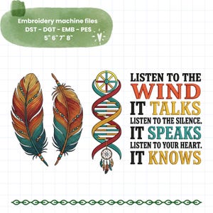 May include: Embroidery machine files in DST, DGT, EMB, and PES formats for 5, 6, 7, and 8 inch sizes. The design features two colorful feathers, a DNA helix with a dreamcatcher, and the text: LISTEN TO THE WIND IT TALKS LISTEN TO THE SILENCE. IT SPEAKS LISTEN TO YOUR HEART. IT KNOWS.