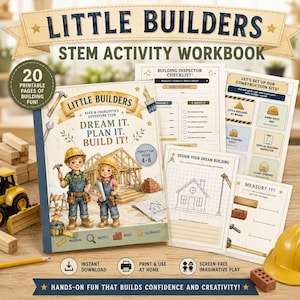 May include: A Little Builders STEM activity workbook featuring a cover with two children in construction gear, a building frame, and the text Dream It. Plan It. Build It. Includes printable pages with a building inspector checklist and design grids.