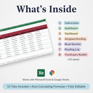 May include: A digital spreadsheet template featuring a reading stream table and a list of ten tabs including Instructions, Dashboard, Assigned Arsiding, Book Bovieks, Reading Log, and Vocabulary Builder. It works with Microsoft Excel and Google Sheets.