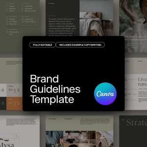 Op de afbeelding: Een digitaal merkrichtlijnen-sjabloon voor Canva met een zwart centraal paneel met de witte tekst Brand Guidelines Template en een cirkelvormig blauw en paars logo. De achtergrond toont verschillende lay-outpagina's in olijfgroen, antraciet en wit.
