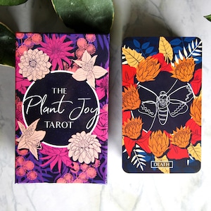 Tarot and oracle cards featuring illustrations on a dark background with brightly colored flowers.