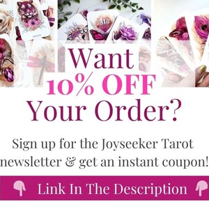 May include: A collage of tarot cards with watercolor illustrations of animals and flowers. The text "Want 10% OFF Your Order? Sign up for the Joyseeker Tarot newsletter & get an instant coupon! Link In The Description" is displayed on the image.