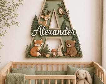Personalized Woodland Nursery Name Sign, Custom 3D Initial Letter Wood Decor, Forest Animal Baby Shower Gift, Fox Deer Bear Room Wall Art