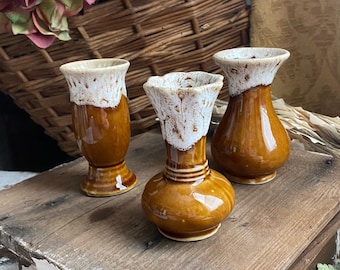 Brazilian Brown Drip Pottery Bud Vase Trio Vase Group