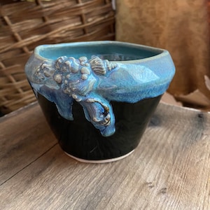 May include: A small, black ceramic planter with a blue and green glaze. The planter has a textured rim with raised shell-like details.