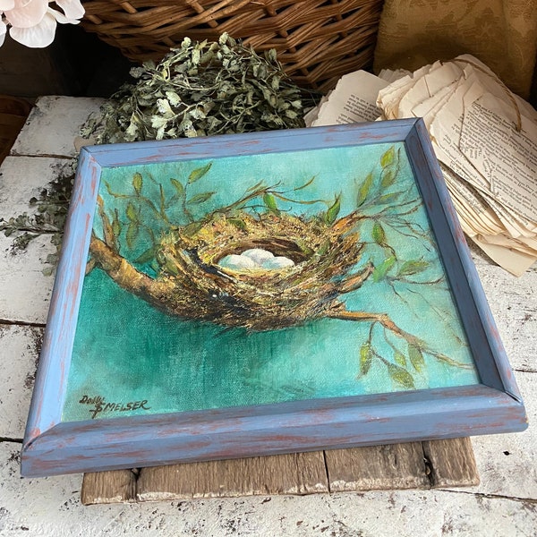 Gorgeous Colorful Spring Nest Painting Signed Dolly Smelser Bird Nest Painting on Stretched Canvas