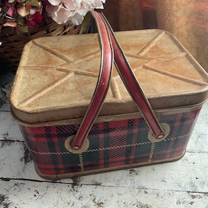 Hard to Find Plaid Metal Nesco Picnic Basket Mid Century Decor