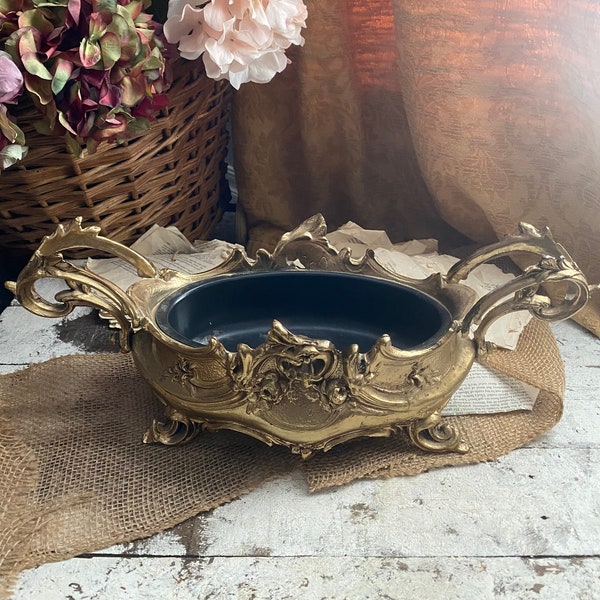 Gold Finish Cast Metal Vintage Indoor Jardiniere With Liner Indoor Garden