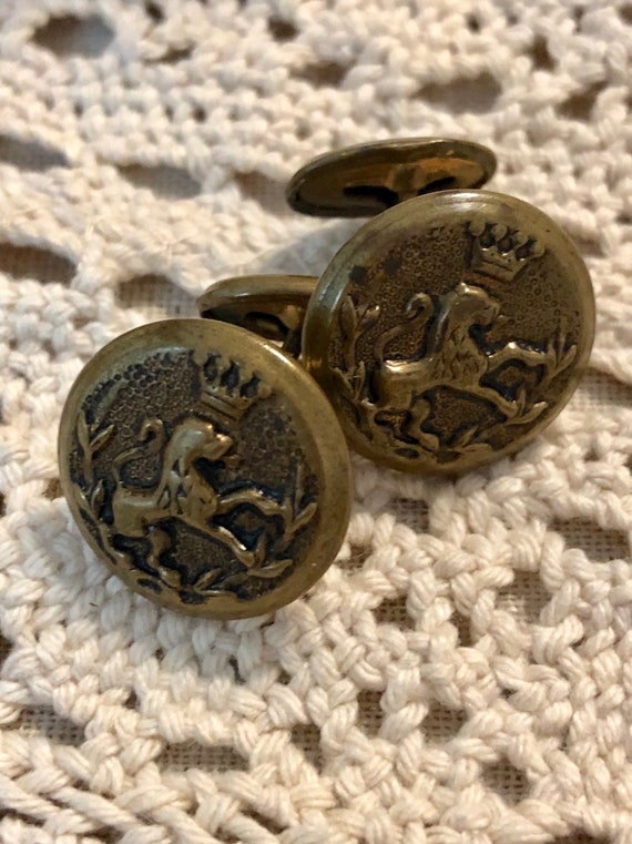 Brass Tone Lion and Crown Cuff Links Gift For Him 