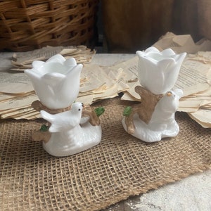Bone China Bird and Flower Taper Holder Candleholder Set Vintage Bone China